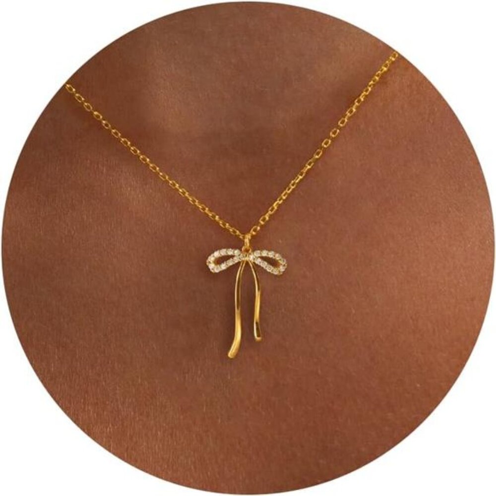 Women's 14k Gold Plated Bow Necklace Cute Gold Ribbon Bow